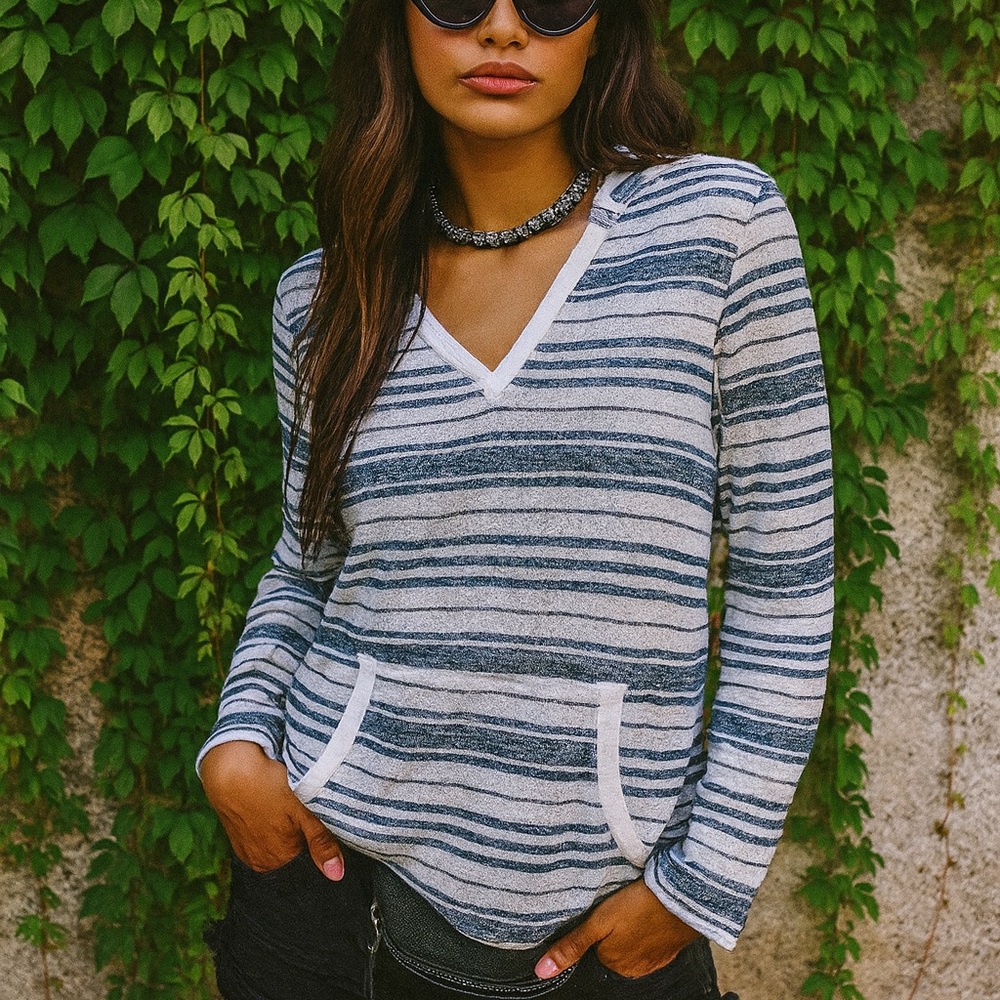 SUNDAY Nautical Casual Burnout Navy and White Striped Hoodie, XS - Picture 2 of 12